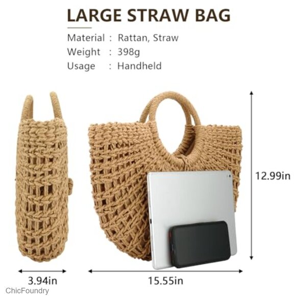 Large Straw Hobo Bag Woven Beach Purse Tote with Drawstring Closure - Picture 5 of 7